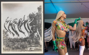 Left: Ted Shawn and his Men Dancers; photo John Lindquist. Right: Pillow Pride Party 2023; photo Becca Oviatt.