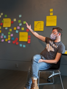 A gray studio wall with big yellow and multicolored small sticky notes. Sydney, a white person wearing jeans and gray t-shirt reading “papa bear”, sits and gestures broadly at the notes.